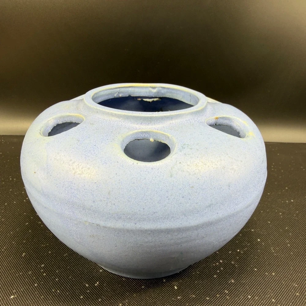 Antique Pale Blue Pottery Large Flower Frog 6-Hole Round Pottery Vase Vessel VTG